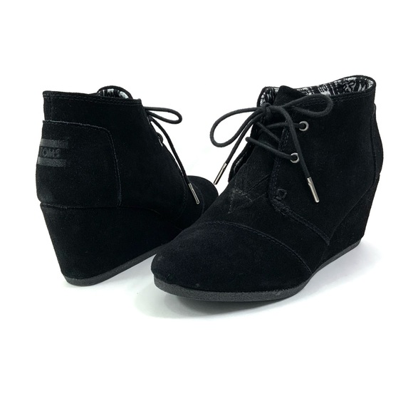 TOMS Kala Wedge Booties Black Suede Leather Boots Ankle Booties Size 9 - Picture 2 of 9